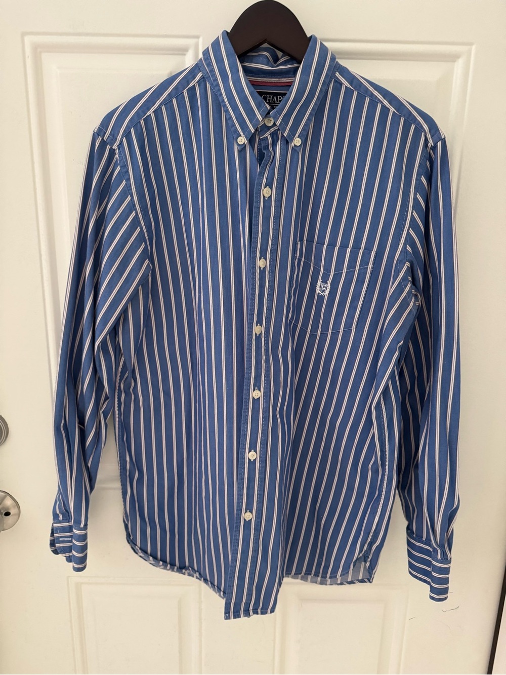 Chaps Blue and White Vertical Stripe Button-Down Shirt
